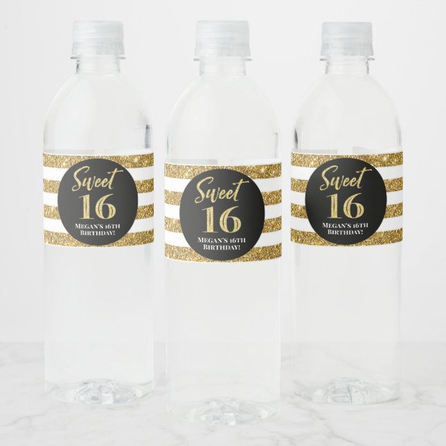 Sweet 16 Birthday Black Gold Stripes Water Bottle Label (Bottles)
