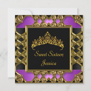Sweet 16 Birthday Black Purple Gold Tiara Invitation