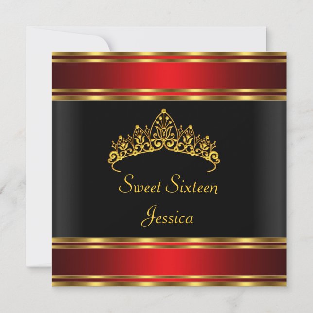 Sweet 16 Birthday Black Red Gold Silver Tiara Invitation (Front)