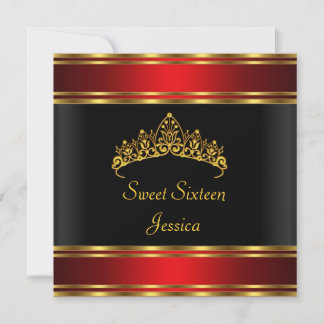 Sweet 16 Birthday Black Red Gold Silver Tiara Invitation