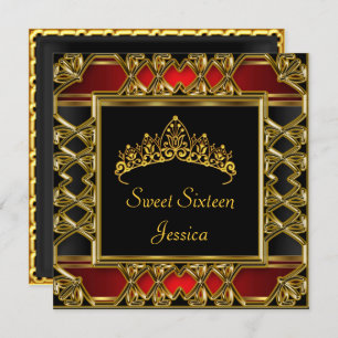 Sweet 16 Birthday Black Red Gold Tiara Invitation
