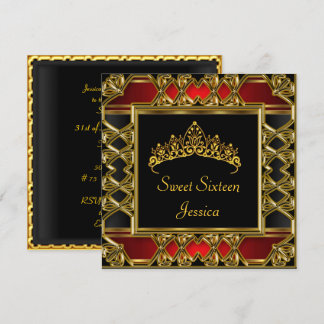 Sweet 16 Birthday Black Red Gold Tiara Invitation