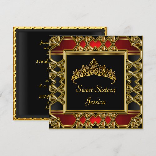 Sweet 16 Birthday Black Red Gold Tiara Custom Invites