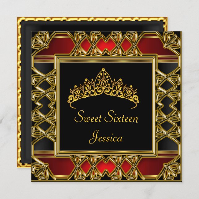 Sweet 16 Birthday Black Red Gold Tiara Invitation (Front/Back)