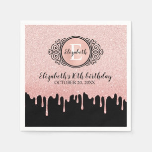 Sweet 16 Birthday Black Rose Gold Glitter Drips Napkins