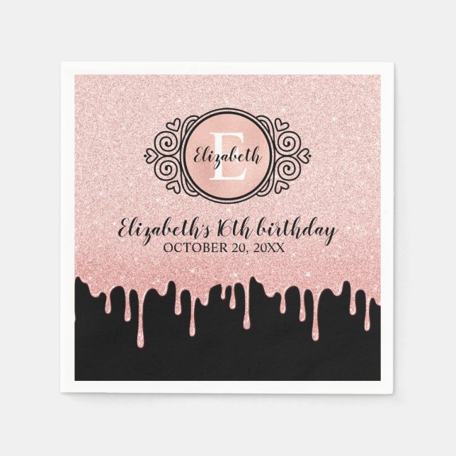 Sweet 16 Birthday Black Rose Gold Glitter Drips Napkins (Front)