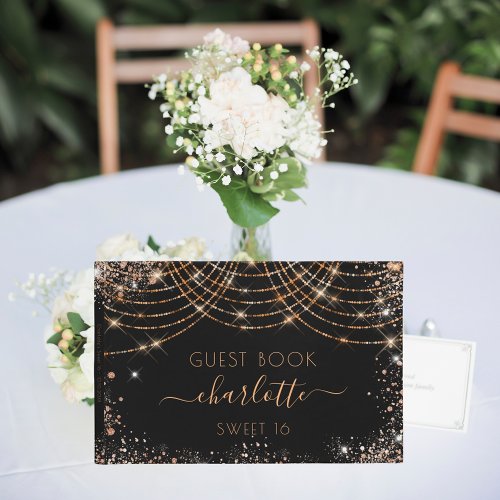 Sweet 16 birthday black rose gold glitter guest book