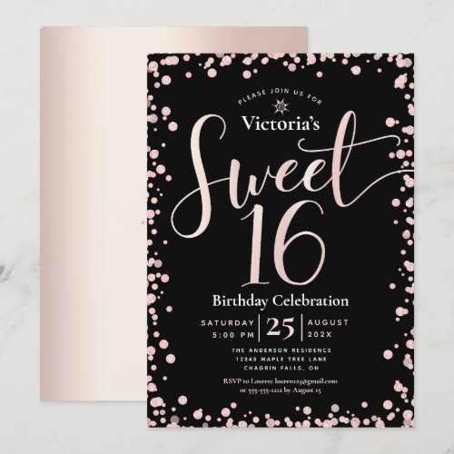 Sweet 16 Birthday Black Rose Gold Script Dots Glam Invitation