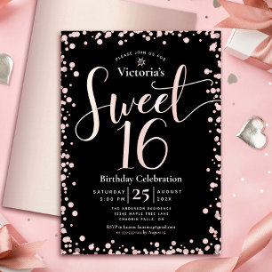 Sweet 16 Birthday Black Rose Gold Script Dots Glam Invitation