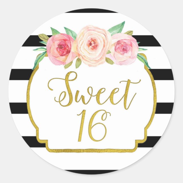 Sweet 16 Birthday Black Stripes Gold Pink Floral Classic Round Sticker (Front)