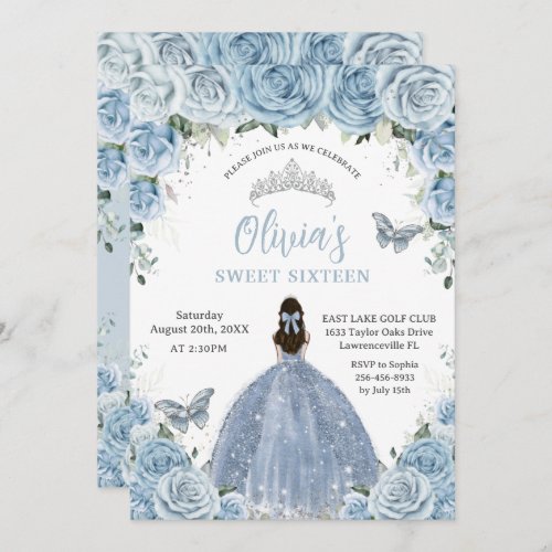 Sweet 16 Birthday Blue Floral Silver Butterfly  Invitation