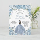 Sweet 16 Birthday Blue Floral Silver Butterfly  Invitation (Standing Front)