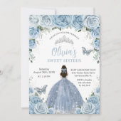 Sweet 16 Birthday Blue Floral Silver Butterfly  Invitation (Front)