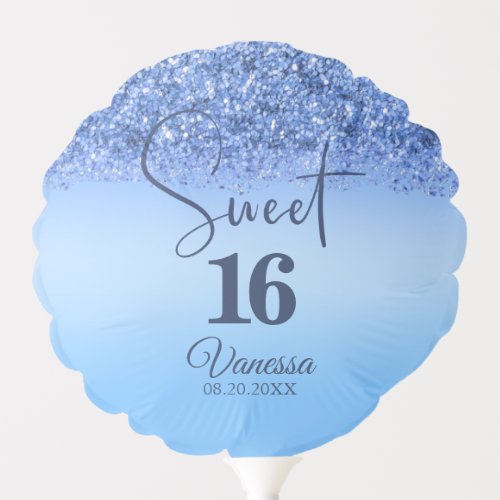 Sweet 16 Birthday Blue Glitter Girly Round Balloon