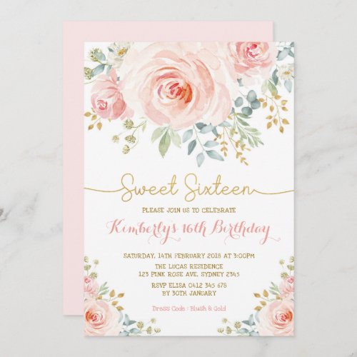 Sweet 16 Birthday Blush Gold Floral Sweet Sixteen Invitation