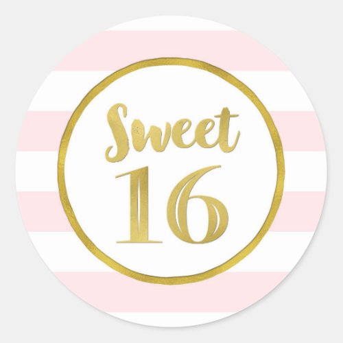 Sweet 16 Birthday Blush Pink Stripes Gold Classic Round Sticker
