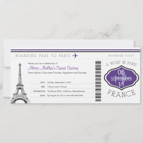 Sweet 16 Birthday Boarding Pass to Paris Personalized Invite
