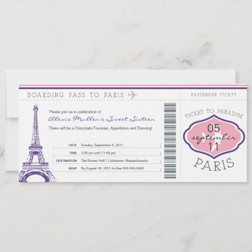 Sweet 16 Birthday Boarding Pass to Paris Personalized Announcements