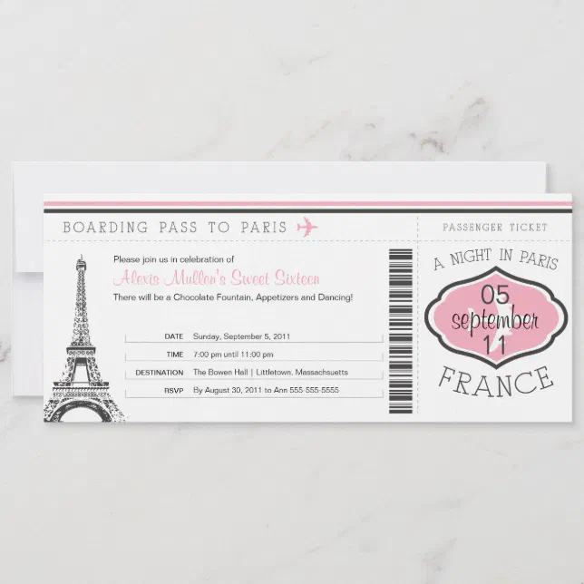 Sweet 16 Birthday Boarding Pass to Paris Invitation | Zazzle