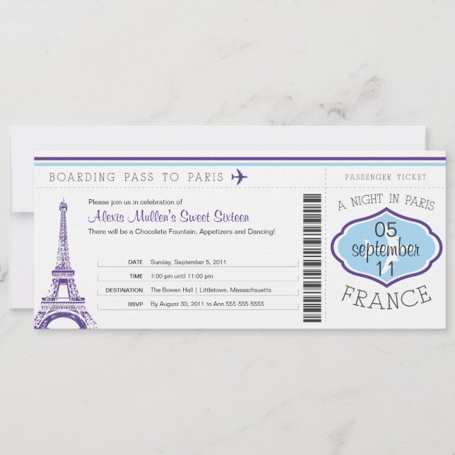 Sweet 16 Birthday Boarding Pass to Paris Invitation (Front)