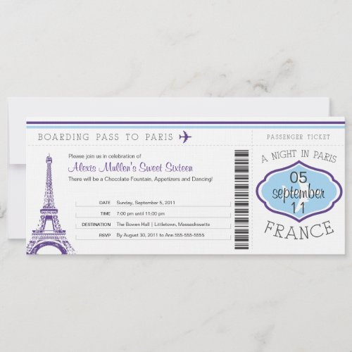 Sweet 16 Birthday Boarding Pass to Paris Custom Invitation