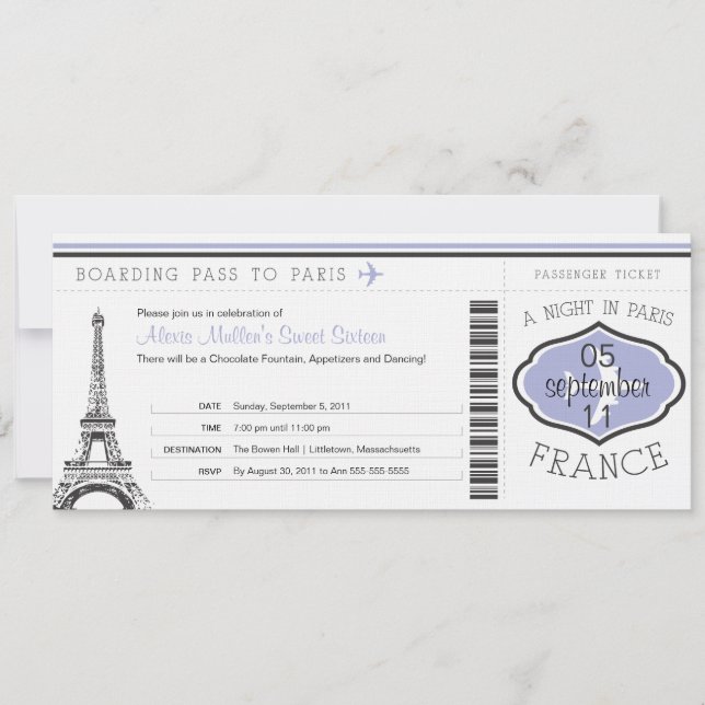 Sweet 16 Birthday Boarding Pass to Paris Invitation (Front)