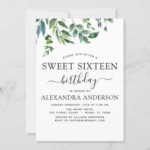 Sweet 16 Birthday Botanical Greenery Invitation