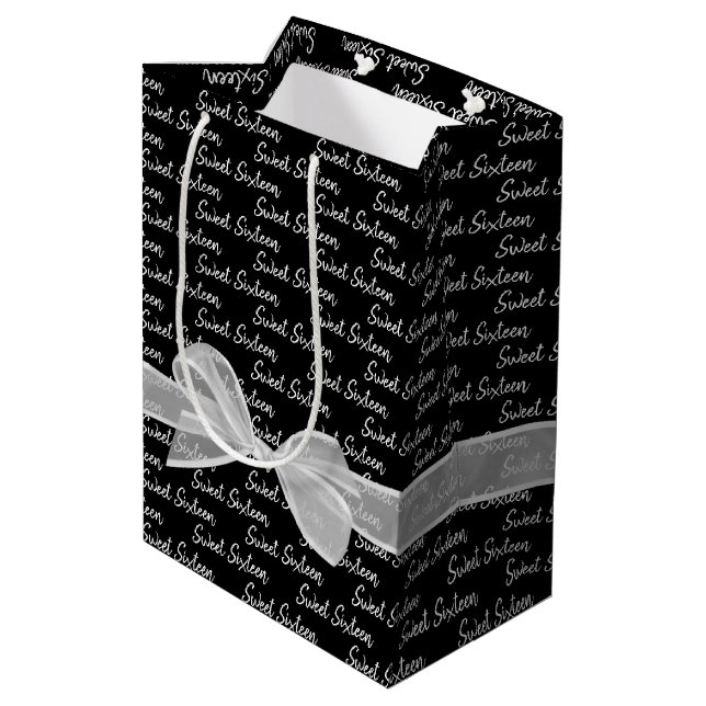 Sweet 16 Birthday Bow On Black Medium Gift Bag (Back Angled)