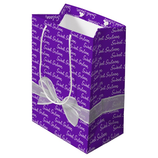 Sweet 16 Birthday Bow On Purple Medium Gift Bag (Back Angled)