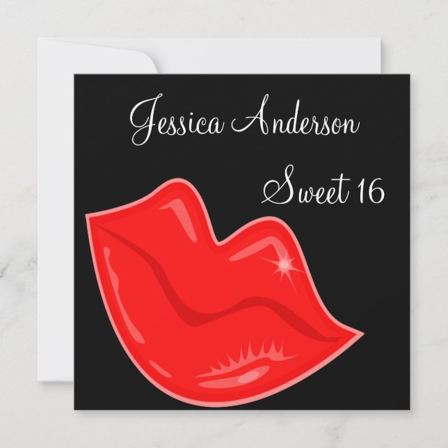 Sweet 16 Birthday Bright Red Lips on Black 2 Invitation (Front)