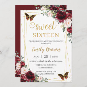 Sweet 16 Birthday Burgundy Blush Floral Butterfly  Invitation