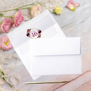 Sweet 16 birthday burgundy floral geometric gold envelope liner