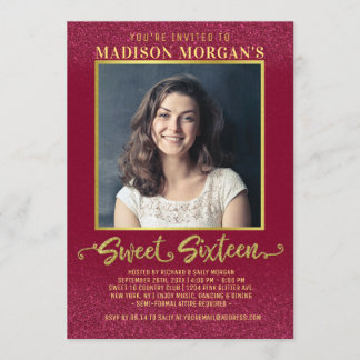 Sweet 16 Birthday Burgundy Red Gold Glitter Photo Invitation