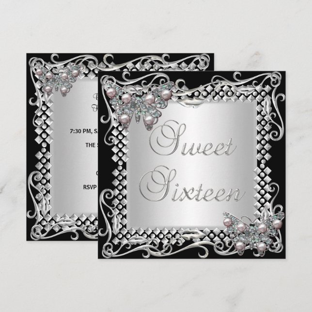 Sweet 16 Birthday Butterflies Silver Black Invitation (Front/Back)
