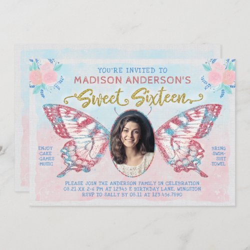 Sweet 16 Birthday  Butterfly Floral Photo Party Invitation