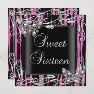 Sweet 16 Birthday Butterfly Zebra Black Pink Invitation