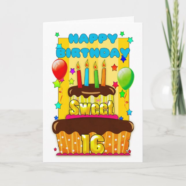 sweet 16 birthday cake with candles - happy 16th b card (Front)
