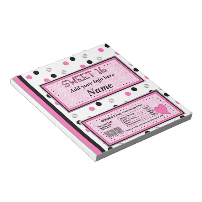 Sweet 16 Birthday Candy Bar Wrapper Party Favors Notepad (Angled)