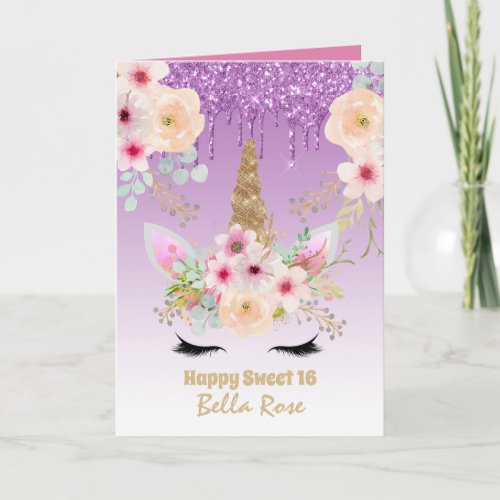 Sweet 16 Birthday Card Personalized Cute Unicorn 