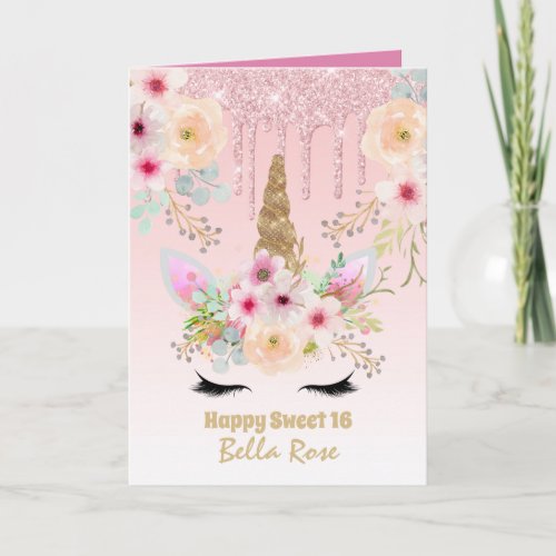 Sweet 16 Birthday Card Personalized Cute Unicorn 