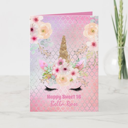 Sweet 16 Birthday Card Personalized Cute Unicorn 