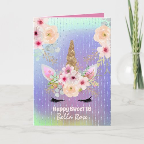 Sweet 16 Birthday Card Personalized Cute Unicorn 