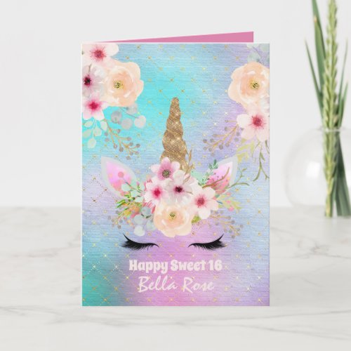 Sweet 16 Birthday Card Personalized Cute Unicorn 