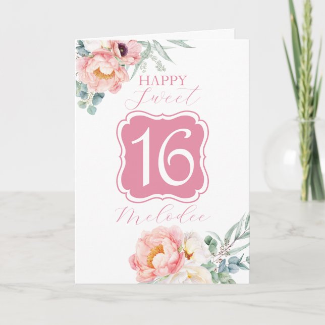 Sweet 16 birthday card with Eucalyptus Peonies (Front)