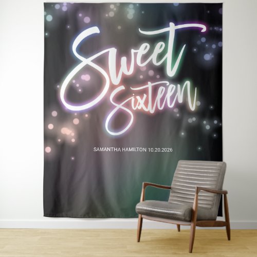 Sweet 16 Birthday Colorful Neon Glow Dark Backdrop