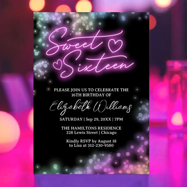 Sweet 16 Birthday Colorful Neon Glow Dark Party Invitation (Creator Uploaded)