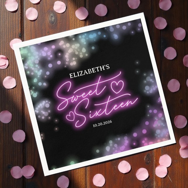 Sweet 16 Birthday Colorful Neon Glow Dark Party Napkins (Creator Uploaded)