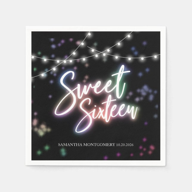 Sweet 16 Birthday Colorful Neon Glow Dark Party Napkins (Front)