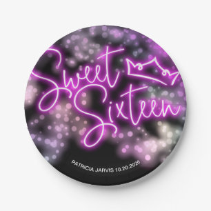 Sweet 16 Birthday Colorful Neon Glow Dark Party Paper Plates