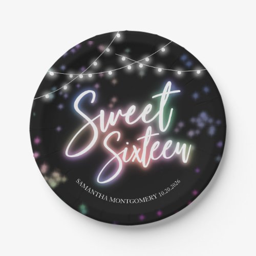 Sweet 16 Birthday Colorful Neon Glow Dark Party Paper Plates